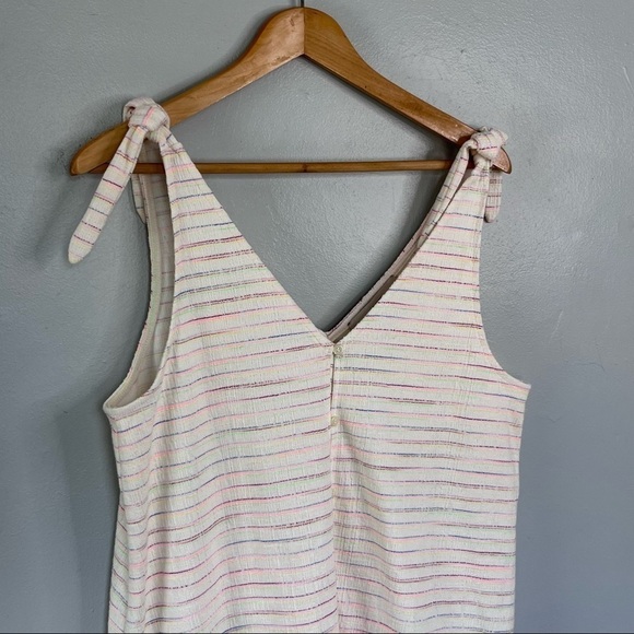LOFT Bow Strap Button Front Linen Stripes Flounce Dress Ivory Multi-Color Medium - Picture 8 of 14